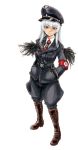  1girl bangs belt boots cross hair_between_eyes hand_in_pocket hat highres long_hair looking_at_viewer military military_hat military_uniform necktie osakana_(denpa_yun&#039;yun) red_eyes rozen_maiden smile solo standing suigintou uniform wings 