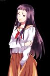  1girl artist_name awaji_masaru bangs black_background hand_on_own_arm long_hair orange_skirt oryou_rikako parted_lips psycho-pass purple_hair red_eyes school_uniform skirt solo standing 