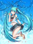  1girl absurdres air_bubble armlet bare_legs belt black_skirt blowgun blue_eyes blue_hair buckle character_name collarbone doyoom english eyelashes flip-flops full_body hair_ribbon hatsune_miku head_tilt highres hips holding looking_at_viewer navel neckerchief no_legwear pleated_skirt red_ribbon ribbon sailor_collar sandals school_uniform serafuku shiny shiny_skin shirt skirt sleeveless sleeveless_shirt solo stomach toes tsurime vocaloid white_shirt 