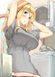  1girl :o arms_up bismarck_(kantai_collection) blonde_hair blush body_mahattaya_ginga breasts clothes_dryer cowboy_shot drying_hair groin hat hat_removed headwear_removed indoors kantai_collection large_breasts long_hair peaked_cap shelf short_sleeves solo sweatdrop toothbrush towel tsurime washing_machine 