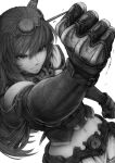  arm_up bangs belt brass_knuckles clenched_hand commentary_request elbow_gloves fingerless_gloves from_above gloves headgear imizu_(nitro_unknown) kantai_collection long_hair looking_up midriff monochrome nagato_(kantai_collection) navel textured_hair weapon 