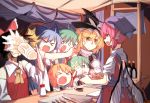  &gt;_&lt; 6+girls alcohol animal_ears apron beer beer_mug bird_wings blank_eyes blonde_hair blue_hair brown_hair cirno closed_eyes daiyousei detached_sleeves dress food_stand green_eyes green_hair hair_ribbon hakurei_reimu hat head_scarf japanese_clothes kirisame_marisa long_hair looking_at_another multiple_girls mystia_lorelei okamisty open_mouth pink_hair red_dress ribbon rumia scared sh_(562835932) shirt short_hair sitting sketch table tasuki team_9 touhou wavy_hair white_shirt wings witch_hat wriggle_nightbug yatai yellow_eyes 