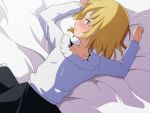  1girl alternate_costume blonde_hair blush cato_(monocatienus) collarbone commentary_request long_sleeves looking_at_viewer lunasa_prismriver lying on_back shirt short_hair skirt solo touhou yellow_eyes 