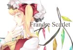  1girl ascot blonde_hair blush character_name colored_eyelashes crystal finger_to_mouth flandre_scarlet hat hat_ribbon lips long_hair mizutamairo mob_cap portrait profile red_eyes ribbon shirt side_ponytail simple_background solo touhou typo vest white_background wings wrist_cuffs 