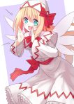  1girl aqua_eyes blonde_hair capelet dress fairy_wings hat highres lily_white long_hair long_sleeves looking_at_viewer open_mouth sh_(562835932) solo touhou white_dress wide_sleeves wings 