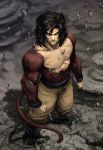  1boy abs black_hair clenched_hands dragon_ball dragon_ball_gt from_above full_body highres juan_frigeri looking_at_viewer male_focus monkey_tail muscle rock serious solo son_gokuu super_saiyan_4 wristband 