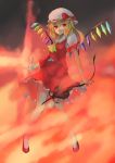  1girl ascot blonde_hair bow fire flandre_scarlet hat hat_bow highres koretsuki_aduma laevatein mob_cap red_eyes sash side_ponytail solo touhou wings 