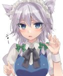  1girl animal_ears asa_(coco) blue_eyes blush bow braid cat_ears fang hair_bow izayoi_sakuya kemonomimi_mode looking_at_viewer maid_headdress open_mouth puffy_sleeves ribbon shirt short_hair short_sleeves silver_hair simple_background solo sweat text touhou twin_braids upper_body vest white_background wrist_cuffs 