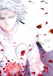  1boy bishoujo_senshi_sailor_moon cape crescent crystal_earrings dated earrings facial_mark flower forehead_mark highres jewelry male_focus petals prince_demande saki_(hxaxcxk) signature solo upper_body white_hair 