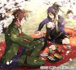  2boys amazake_(drink) black_legwear blanket blurry blush brown_eyes brown_hair cherry_blossoms chopsticks closed_eyes dango depth_of_field food fudou_yukimitsu kneehighs male_focus minato_(robin) multiple_boys necktie obentou official_art onigiri open_mouth otegine petals ponytail pouring purple_hair sanshoku_dango shorts sitting smile touken_ranbu wagashi 