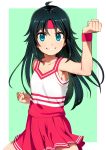  1girl ahoge aqua_eyes cheerleader clenched_hands furrowed_eyebrows green_background grin headband idolmaster idolmaster_cinderella_girls nanjou_hikaru pettan_p pose simple_background smile solo sweat sweatband 