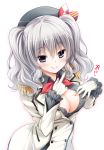  1girl blue_eyes breasts buttons epaulettes gloves hair_between_eyes kantai_collection kashima_(kantai_collection) large_breasts long_hair looking_at_viewer military military_uniform silver_hair smile solo suzui_narumi twintails unbuttoned uniform upper_body wavy_hair white_gloves 