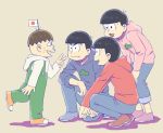  4boys bent_over black_hair bowl_cut brothers brown_hair buck_teeth flag grey_background hatabou height_difference hood hoodie japanese_flag male_focus matsuno_karamatsu matsuno_osomatsu matsuno_todomatsu multiple_boys osomatsu-kun osomatsu-san overalls siblings simple_background sleeves_rolled_up smile squatting v waving whisker_markings 