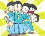  6+boys black_hair brothers child closed_eyes hand_on_shoulder henocchi lowres male_focus matching_outfit matsuno_choromatsu matsuno_ichimatsu matsuno_juushimatsu matsuno_karamatsu matsuno_osomatsu matsuno_todomatsu meiji_(brand) multiple_boys osomatsu-kun sextuplets siblings smile squatting sunburst waving wing_collar 