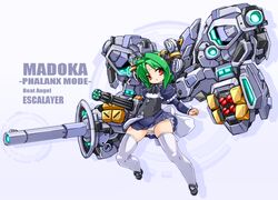  1girl beat_angel_escalayer black_shoes black_skirt character_name copyright_name facial_mark forehead_mark frills full_body green_hair highres juliet_sleeves karukan_(monjya) kouenji_madoka long_sleeves looking_at_viewer mecha_musume miniskirt pleated_skirt puffy_sleeves red_eyes robot shoes short_hair skirt solo thigh-highs white_legwear 