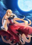  1girl artist_request bare_shoulders blonde_hair breasts cleavage elbow_gloves full_moon gloves hair_ribbon highres kiss-shot_acerola-orion_heart-under-blade long_hair monogatari_(series) moon pantyhose ribbon solo torn_clothes torn_pantyhose very_long_hair yellow_eyes 