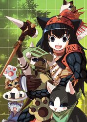  armor aro_s capcom cat felyne melynx monster_hunter nargacuga_(armor) naruga nekoht onigiri open_mouth smile 