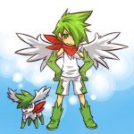 blush_stickers boots costume detached_sleeves elbow_gloves gloves green_eyes green_hair hair_over_one_eye hands_on_hips hitec moemon personification pokemon pokemon_(creature) pokemon_(game) pokemon_dppt red_scarf scarf shaymin shorts shota sleeveless_shirt wings 