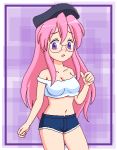  blush cosplay cute denim denim_shorts final_fight glasses hat hotpants lowres lucky_star midriff oekaki pink_hair poison poison_(cosplay) poison_(final_fight) poison_(final_fight)_(cosplay) purple_eyes short_shorts shorts solo takalog takara_miyuki violet_eyes 