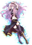  arms_up bad_id blush boots breasts cleavage closed_eyes hair_over_one_eye long_hair long_skirt lying megurine_luka midriff mocchan navel on_back one_shoe open_clothes open_shirt pink_hair shirt side_slit single_shoe solo thigh-highs thighhighs vocaloid 