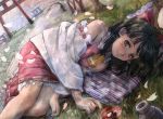  black_hair bow brown_eyes cherry_blossoms detached_sleeves hair_bow hakurei_reimu hamoto lying petals sakazuki sake short_hair smile solo torii touhou 