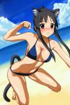  all_fours alternate_hairstyle animal_ears barefoot beach bikini black_eyes black_hair blush breasts cat_ears cat_pose cat_tail clenched_hand fist k-on! long_hair paw_pose solo swimsuit tail yuuki1103 