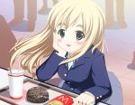  blue_eyes blush drink food french_fries hamburger k-on! kotobuki_tsumugi long_hair morishi school_uniform solo 