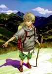  bag brown_eyes brown_hair hands hat highres hoodie kiyohisa male mountain original outstretched_arm outstretched_hand reaching shorts straw_hat walking_stick 