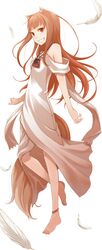  animal_ears anklet ayakura_juu barefoot brown_hair feathers feet grin holo jewelry long_hair red_eyes smile spice_and_wolf tail wolf_ears 