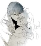  1girl couple hug monochrome nia_teppelin simon tengen_toppa_gurren_lagann yuriko_(kkk9) 