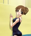  blush breast_press breasts brown_eyes brown_hair hair_ribbon hirasawa_ui k-on! one-piece_swimsuit ponytail ribbon school_swimsuit solo swimsuit yokoshima_(euphoria) 