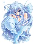  blue blue_eyes blue_hair breasts choker cleavage crown detached_sleeves long_hair mermaid monster_girl original pearl pearls tenkyuu_polan 