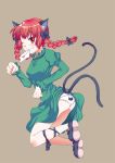  blush braid cat_ears cat_pose cat_tail fang hair_ribbon kaenbyou_rin letter multiple_tails panties paw_pose red_eyes red_hair redhead ribbon short_hair simple_background tail touhou twin_braids twintails uda_makoto underwear wink 