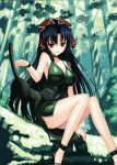 absurdres black_hair bou breasts cat cleavage dress forest hands highres kuroshiba_kanae large_breasts legs long_hair nature red_eyes sitting 