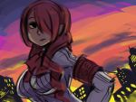  alex_ahad armband bow breasts bust cityscape dusk hair_over_one_eye kirijou_mitsuru large_breasts persona persona_3 red_hair redhead rough signature solo sunset 