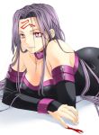  artist_request bare_shoulders blood breasts collar detached_sleeves dress fate/stay_night fate_(series) large_breasts long_hair lowres lying on_stomach purple_eyes purple_hair rider solo strapless_dress very_long_hair violet_eyes 