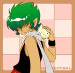  cat claws fang green_hair male pointy_ears short_hair simple_background smirk 