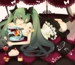  akikawa_eiri apple cake eiri_a food fork fruit green_eyes green_hair hair_ribbon hatsune_miku high_heels long_hair lying on_stomach pastry pudding ribbon shoes skirt solo strawberry thigh-highs thighhighs twintails vocaloid world_is_mine_(vocaloid) zettai_ryouiki 