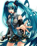  aqua_hair detached_sleeves esythqua foreshortening hatsune_miku long_hair looking_at_viewer microphone musical_note necktie open_mouth outstretched_hand qua skirt smile twintails very_long_hair vocaloid 