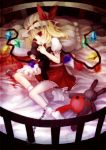  bed blonde_hair chain cuffs cup flandre_scarlet glowing hat lying nishiki_koi on_side ponytail red_eyes shackles short_hair side_ponytail spill stuffed_animal stuffed_toy tea teacup tears teddy_bear touhou wings 