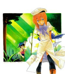  1girl blue_eyes couple dress forest grin hat higurashi_no_naku_koro_ni maebara_keiichi nature orange_hair popsicle ryuuguu_rena shino_satoru short_hair smile thighhighs 