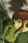  artbook bridge brown_eyes brown_hair hair_ornament hairclip highres iwakura_lain looking_back official_art railing scan serial_experiments_lain short_hair stairs tree yoshitoshi_abe 