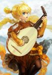  blonde_hair blue_eyes child faux_traditional_media instrument janemere kagamine_len lute_(instrument) male pantyhose ponytail singing solo vocaloid 