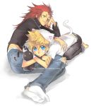  animal_ears axel barefoot blonde_hair cat_ears cat_tail einlee feet green_eyes heartless jeans kingdom_hearts long_hair lying male multiple_boys red_hair redhead roxas short_hair socks stuffed_animal stuffed_toy tail 