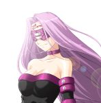  artist_request bare_shoulders blindfold breasts bust cleavage collar collarbone dress fate/stay_night fate_(series) lens_flare long_hair purple_hair rider simple_background solo strapless_dress very_long_hair white_background 