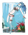  barefoot blue_hair drill_hair feet fish head_wings headwings hotpants legs long_hair lowleg mole open_mouth short_shorts shorts solo takishima_asaka thigh_band thigh_strap umi_monogatari underwater warin wink yellow_eyes 