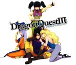  black_hair blonde_hair blush bodysuit boots bunny_ears bunnysuit closed_eyes dragon_quest dragon_quest_iii fighter_(dq3) fingerless_gloves gloves haru_(pixiv276337) hat hidaka_ryou high_heels highres jester_(dq3) long_hair mitre pantyhose priest_(dq3) purple_hair rabbit_ears roto shoes short_twintails smile tabard thumbs_up twintails 