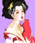  black_hair geisha hair_ribbon japanese_clothes kazaana kimono lips lipstick oiran original ribbon short_hair simple_background tongue 