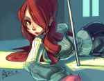  alex_ahad bow hair_over_one_eye kirijou_mitsuru long_hair lying on_side persona persona_3 red_eyes red_hair redhead rough signature solo sweater 