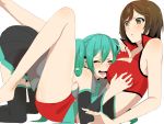  aqua_hair bad_id barefoot breast_grab breasts brown_eyes brown_hair cleavage detached_sleeves hands hatsune_miku large_breasts legs long_hair meiko midriff monka multiple_girls necktie open_mouth saliva short_hair skirt smile thigh-highs thighhighs twintails vocaloid zettai_ryouiki 